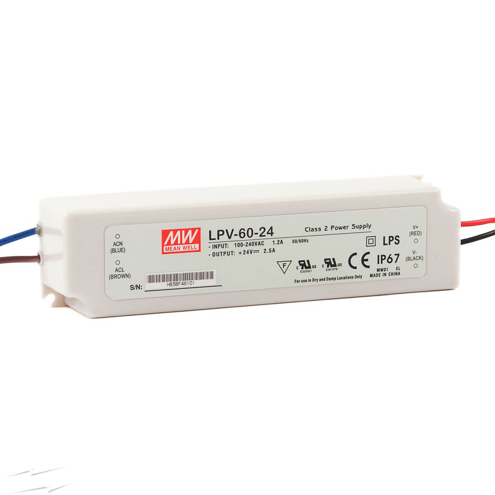 LPV-60-24 60Watt AC90～264V Input Mean Well High-efficacy Waterproof DC24V UL-Listed LED Display Lighting Power Supply